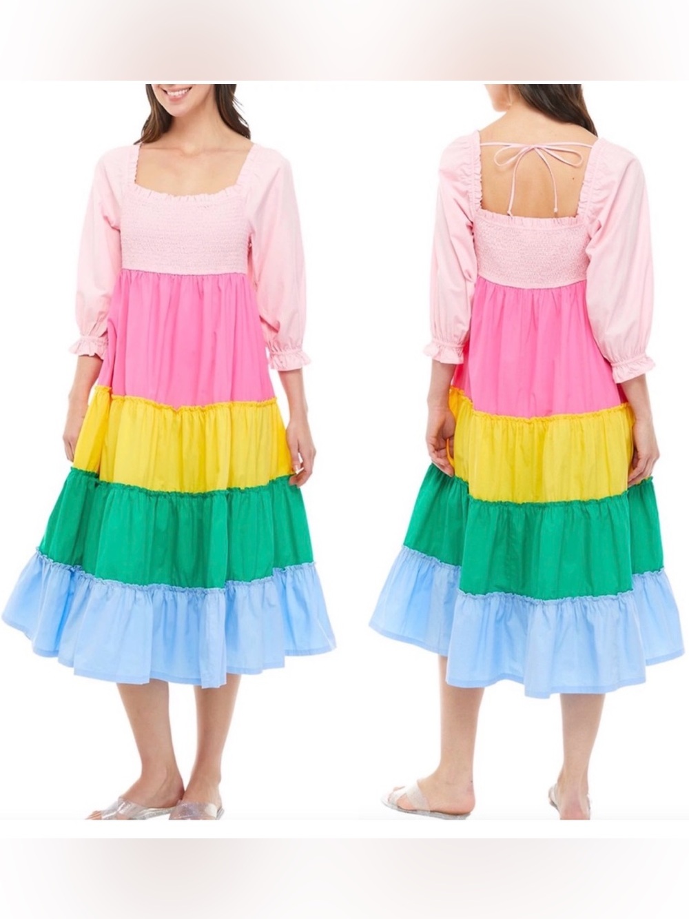 Crown & Ivy Multicolor Rainbow Tiered Sleeve Dress - Pink size Large